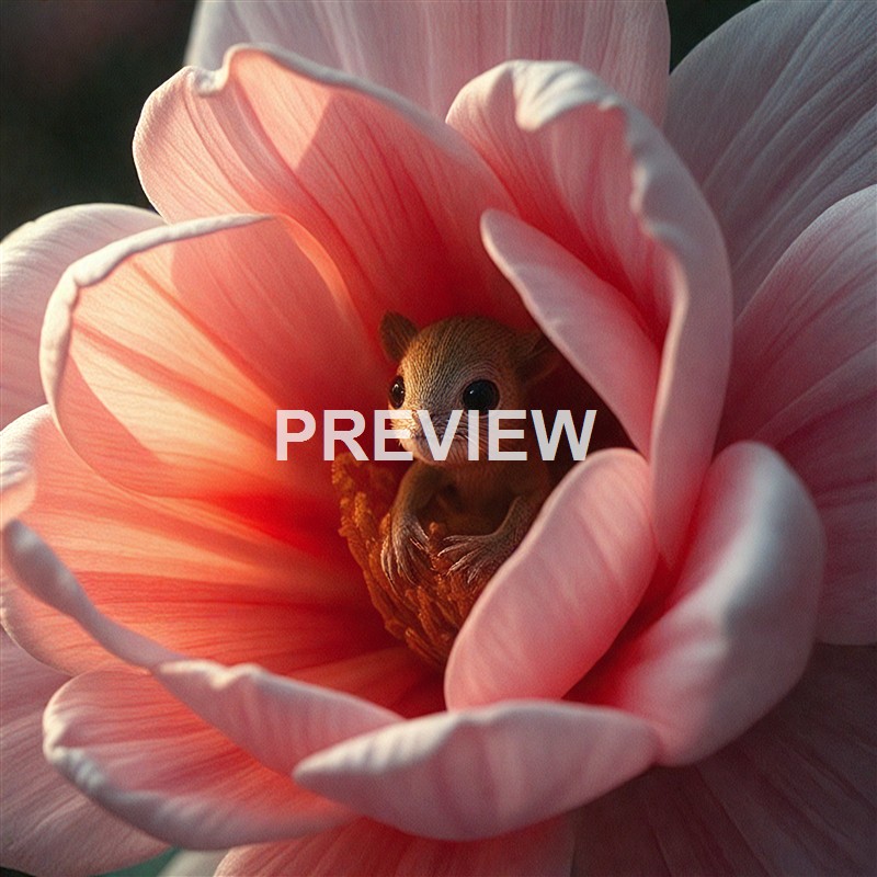 A tiny animal with large eyes and small limbs is nestled inside the petals of a large, pink flower, creating a cute and delicate scene.